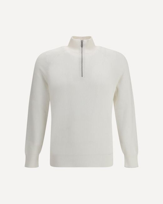 Brunello Cucinelli White Cotton Sweater With A High Neckline for men