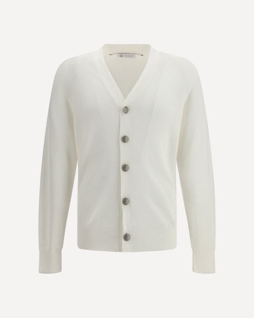Brunello Cucinelli White Ribbed Cardigan for men