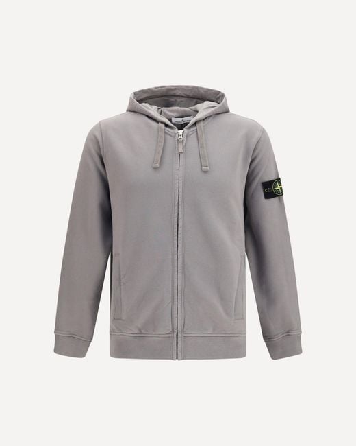 Stone Island Gray Cotton Hoodie With Zip And Compass Logo for men