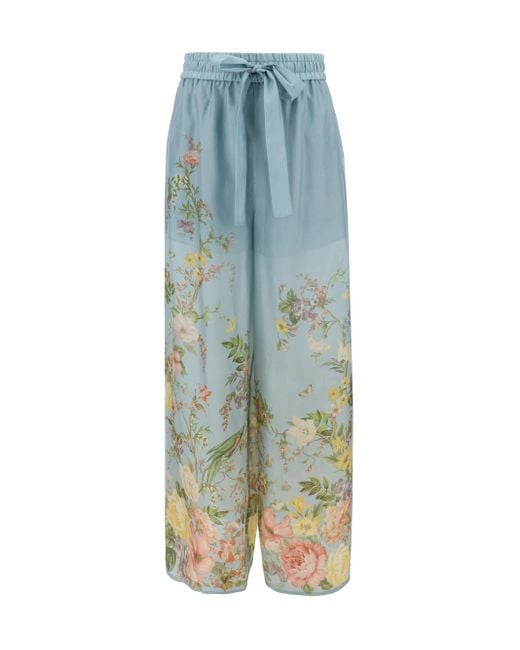 Zimmermann Blue Silk Trousers With Floral Motif, , Light