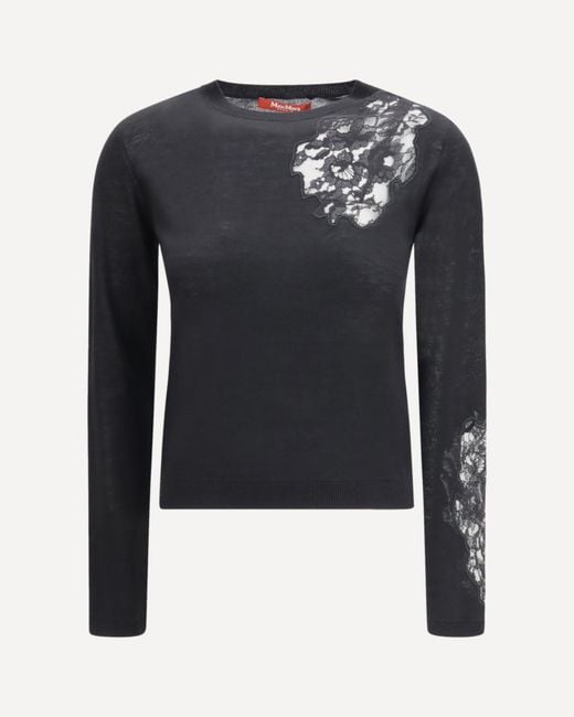 Max Mara Blue Wool Sweater With Lace Inserts