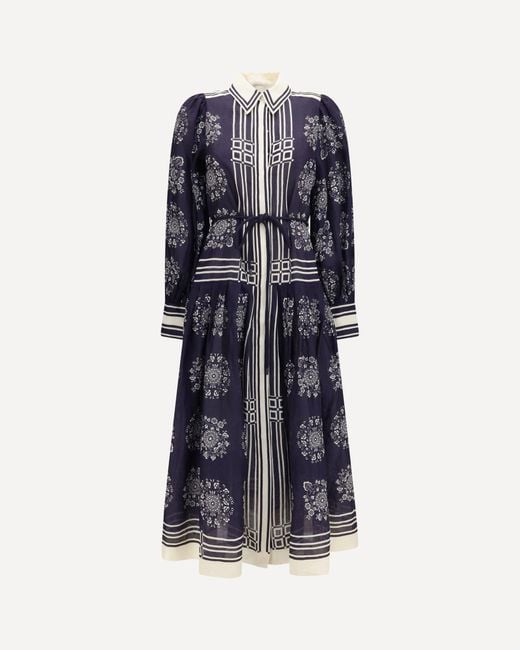 ALÉMAIS Blue Banderra Floral Print Midi Shirt Dress