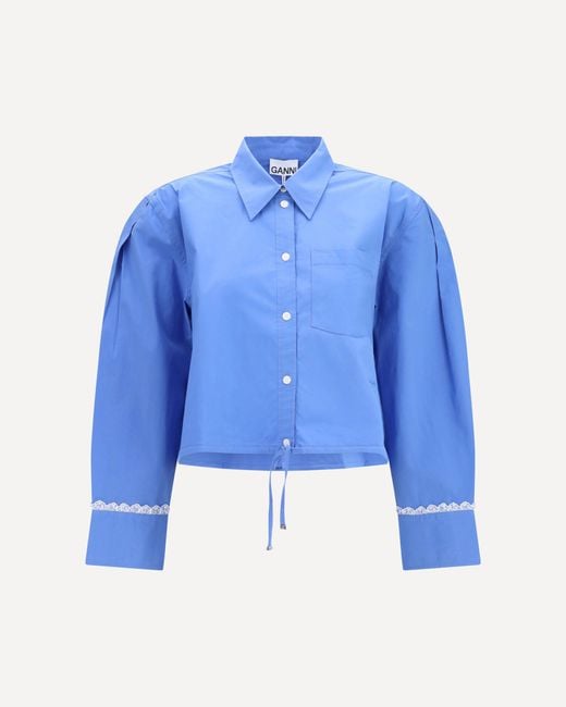 Ganni Blue Cotton Shirt With Lace Details