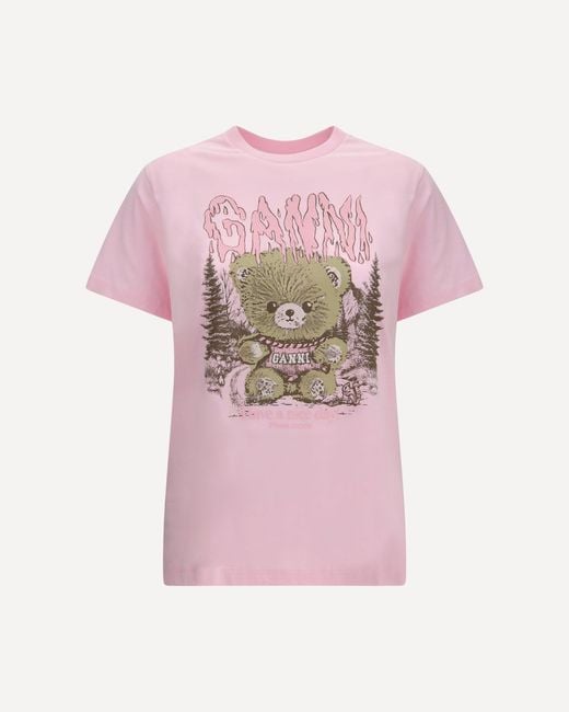 Ganni Pink Teddy Forest Cotton T-Shirt