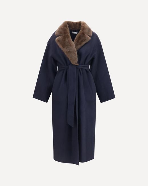 P.A.R.O.S.H. Blue P. A.R. O.S. H. Wool Coat With Fur Collar And Belt
