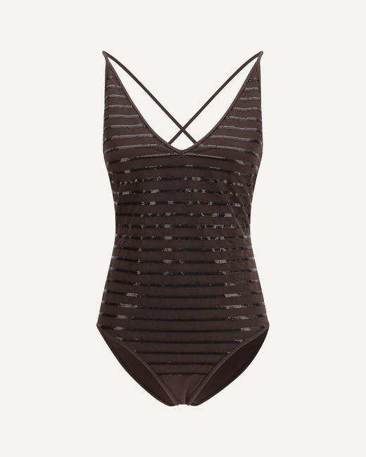 Brunello Cucinelli Brown Shimmering Striped One-Piece Swimsuit