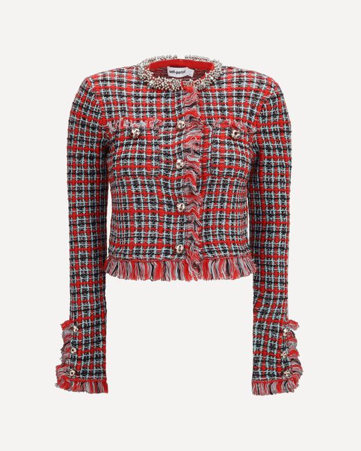 Self-Portrait Red Cotton And Wool Blend Bouclé Jacket