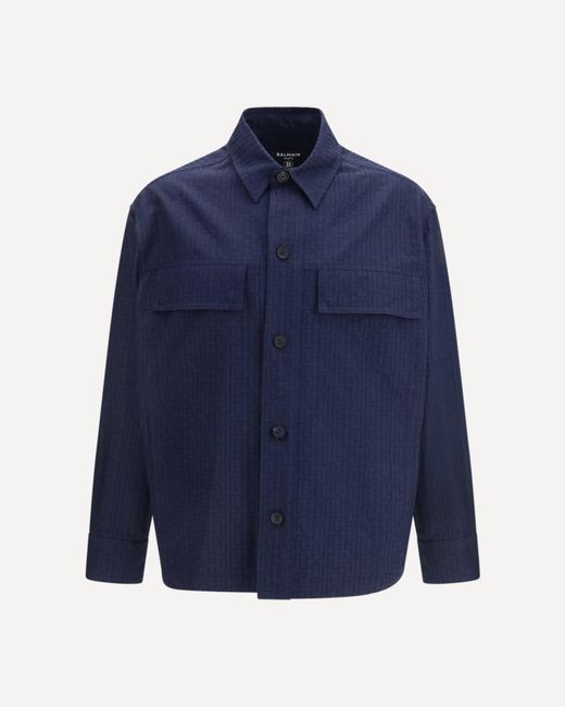 Balmain Blue Cotton Monogram Jacquard Overshirt for men