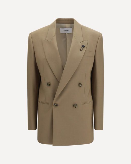 Lardini Natural Double-Breasted Stretch Wool Blend Blazer