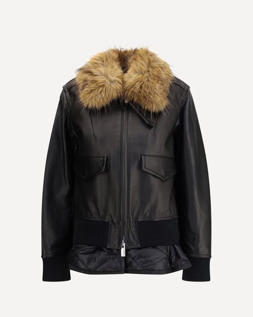 Sacai Black Leather Jacket With A Plush Collar