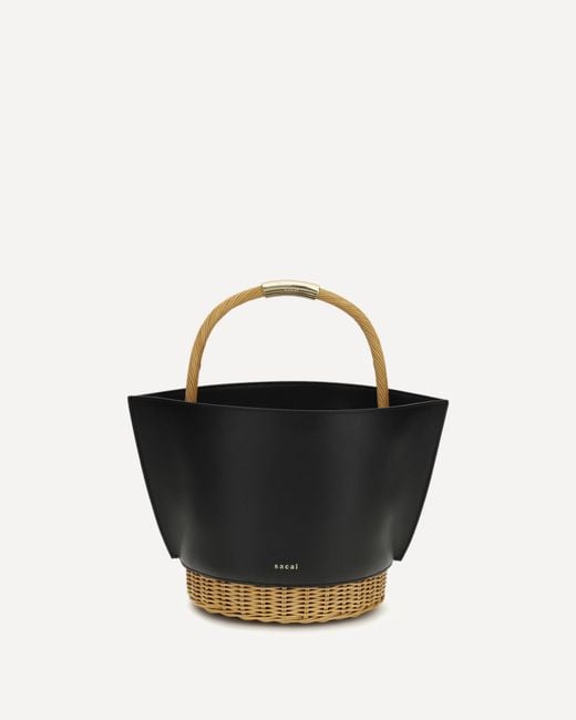 Sacai Black Leather And Rattan Handbag