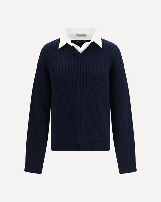 Balenciaga Blue Cotton Sweater With Shirt Details for men