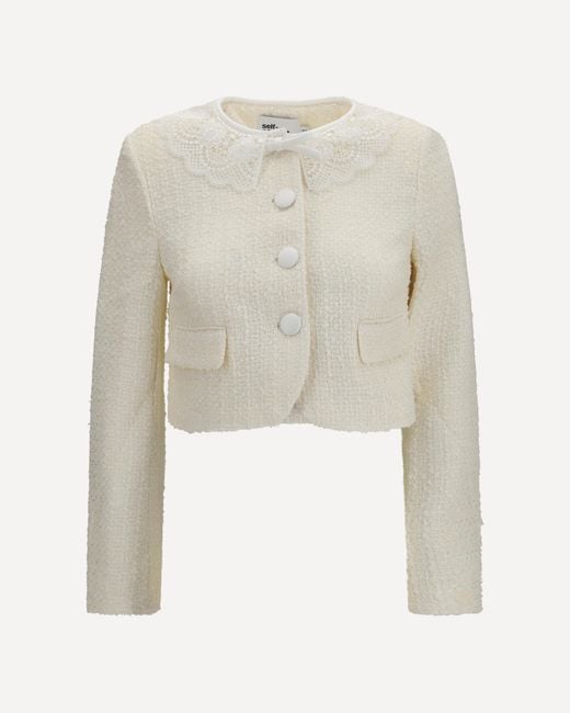 Self-Portrait White Bouclé Jacket With Lace Collar