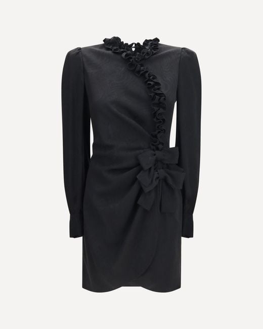 Alessandra Rich Black Silk Jacquard Mini Dress With Ruffles