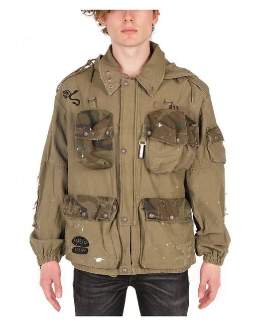 R13 Green Hooded Multi-pocket Jacket for men
