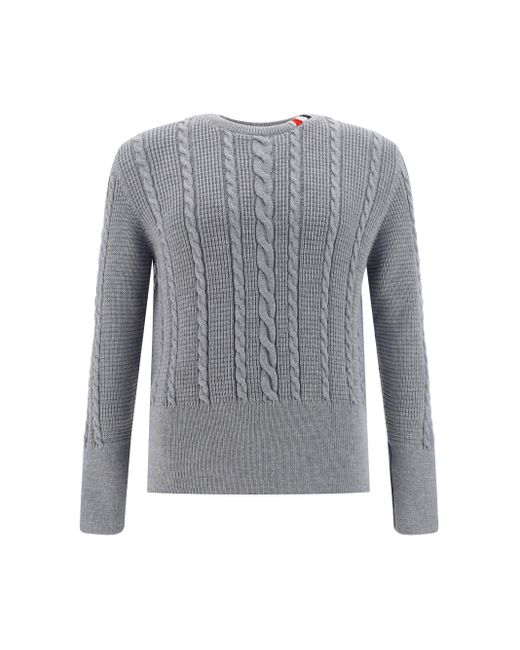 Thom Browne Gray Cable Stitch Relaxed Crew Neck Pullover for men