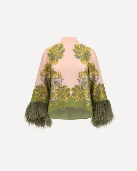 LaDoubleJ Green Silk Top With Ostrich Feathers