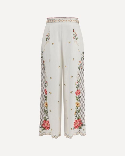 Farm Rio White Floral Embroidered Wide-Leg Pants