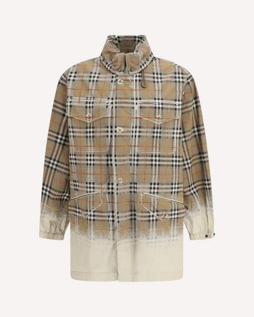 Burberry White Gabardine Parka With Faded Check Print for men