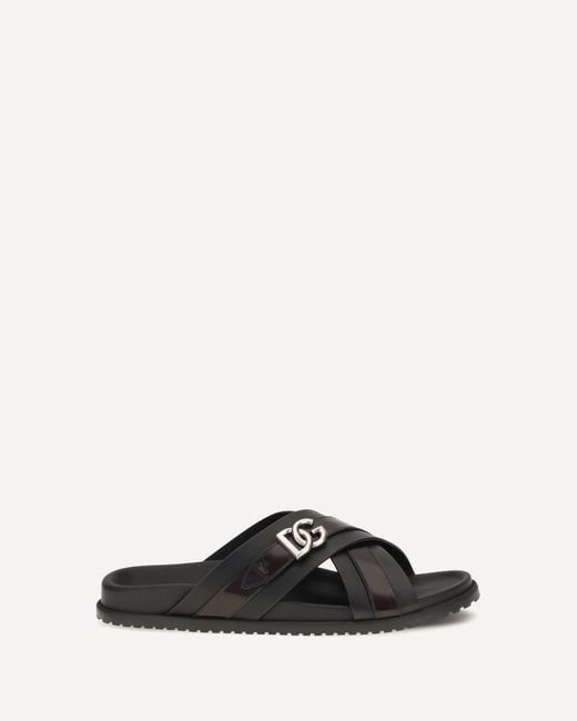 Dolce & Gabbana Black Smooth Calf Leather Slide Sandals for men