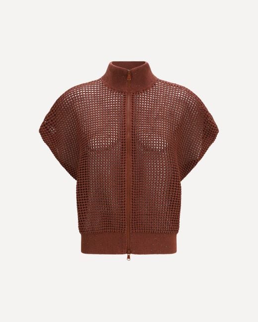 Brunello Cucinelli Brown Cotton Mesh Cardigan With Dazzling Details