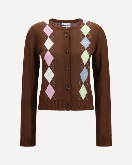 Ganni Brown Diamond-Pattern Cardigan