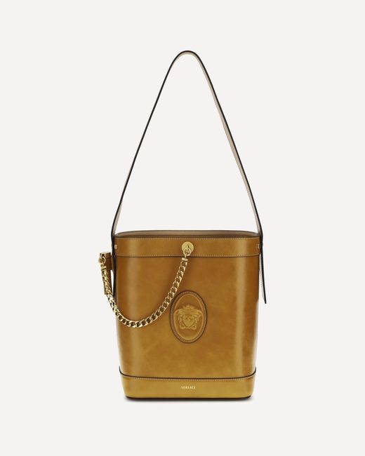 Versace White Small Leather Pivot Bucket Bag