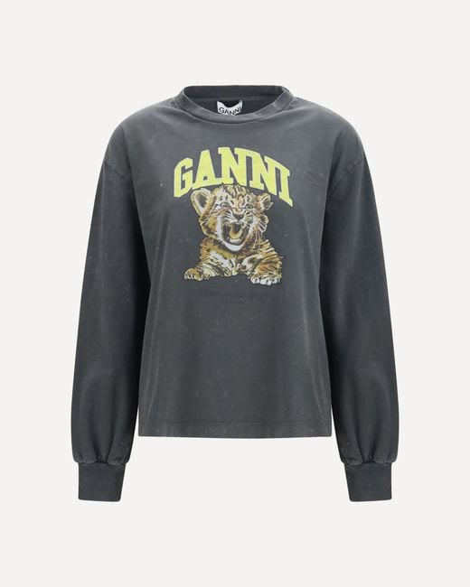Ganni Blue Long-Sleeve Tiger-Print T-Shirt