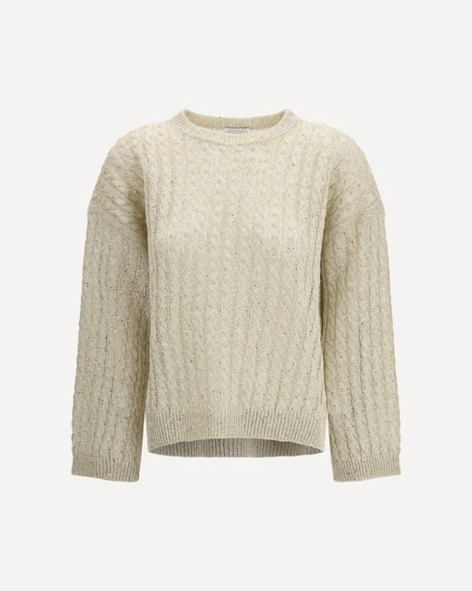 Brunello Cucinelli Natural Dazzling Cable Linen Sweater With Openwork Ribbing