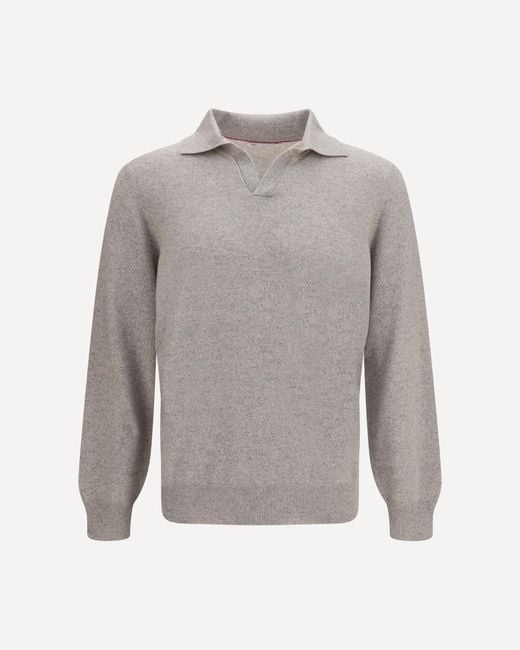 Brunello Cucinelli Gray Mouliné Cashmere Knit Polo for men