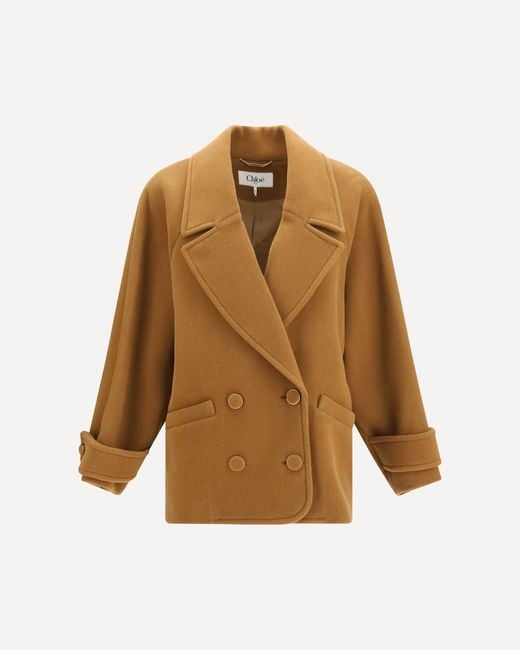 Chloé Natural Double-Breasted Herringbone Wool Short Coat
