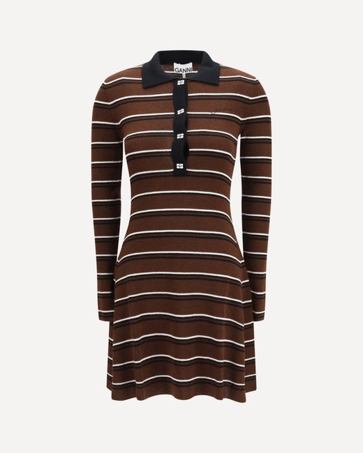 Ganni Brown Striped Wool Polo Dress