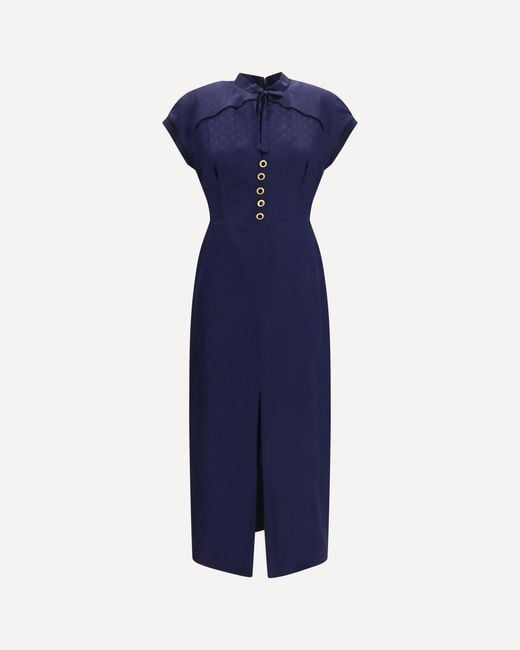 Alessandra Rich Blue Silk Midi Dress With Buttons And Contrast Piping