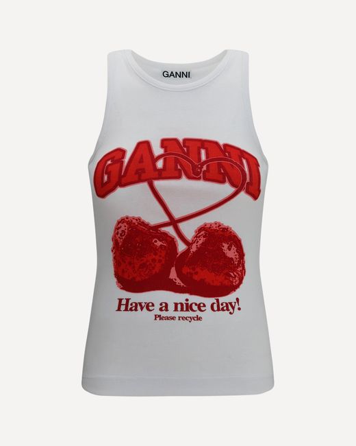 Ganni White Cherries Cotton Tank Top