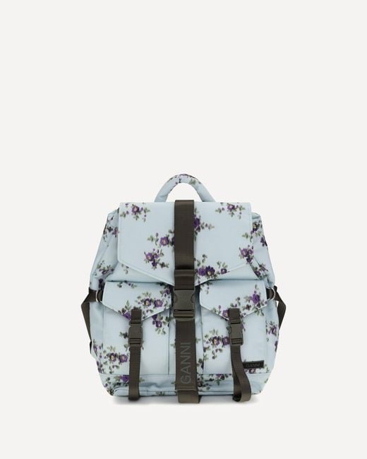 Ganni Blue Re-Tech Nylon Backpack With Floral Pattern