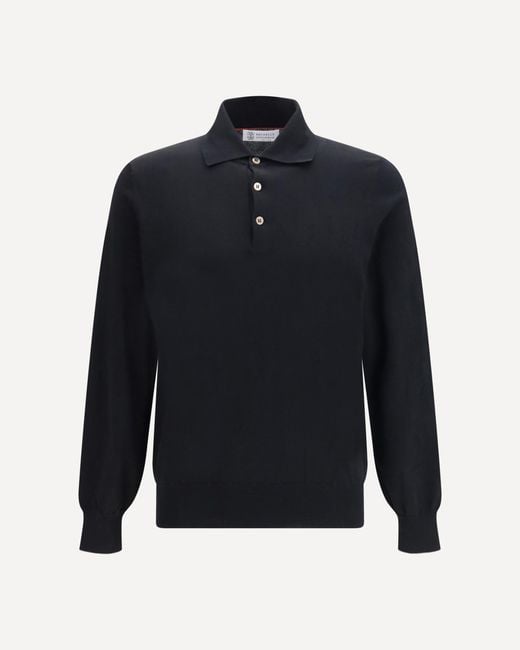 Brunello Cucinelli Blue Long Sleeve Cotton Polo for men