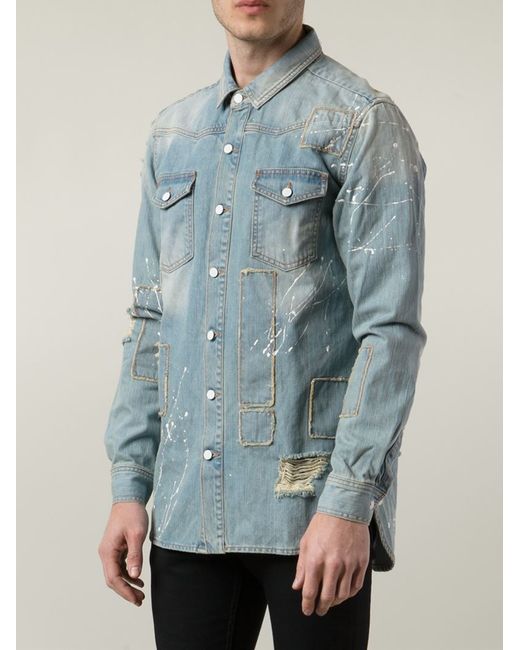 Off-White c/o Virgil Abloh Distressed Denim Shirt in Blue for Men
