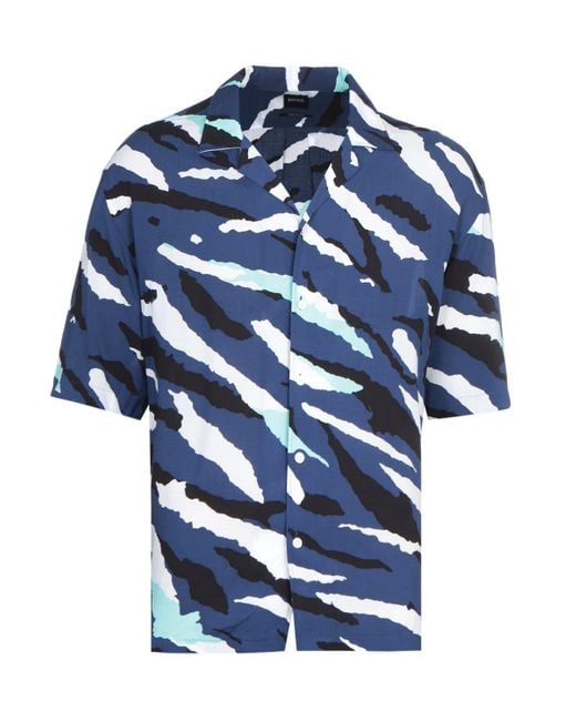 BOSS by HUGO BOSS Lello Camp Print Short Sleeve Navy Cuban Shirt in ...