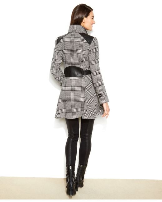 Guess Double Breasted Plaid A Line Coat in Gray Lyst