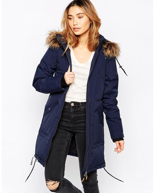 Minimum Parka With Faux Fur Hood In, Navy Blue Coat With Fur Hood