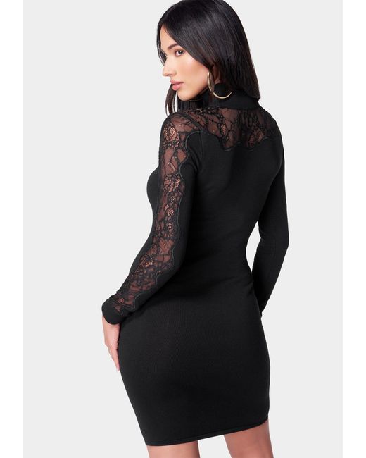 Bebe Lace Inset Sweater Dress in Black