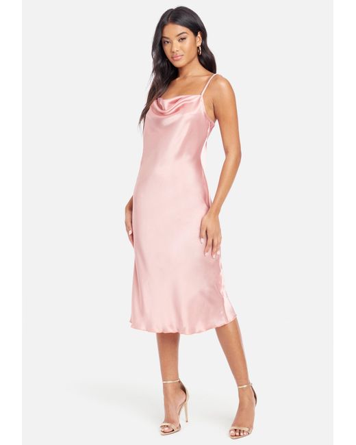 Bebe Satin Cowl Neck Slip Midi Dress In Rose Pink Lyst