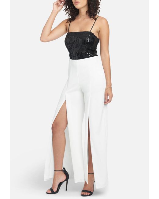 Bebe Synthetic Sequin Bodice Open Leg Jumpsuit In Black Ivory Black Lyst