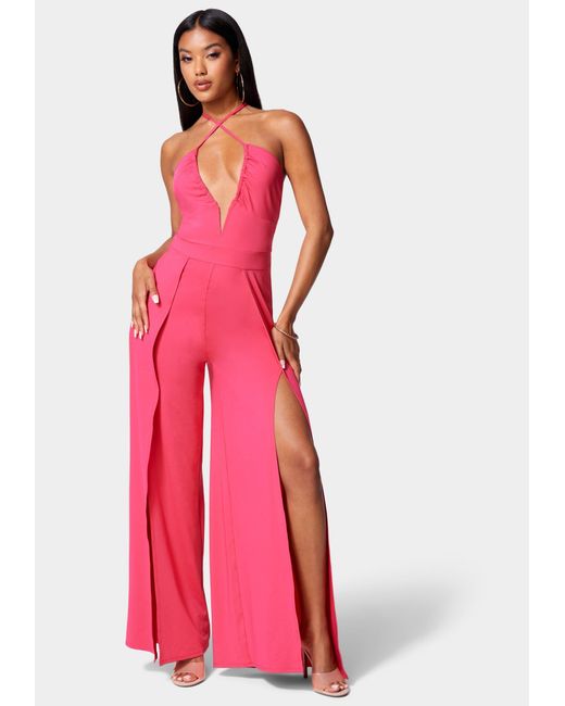 Bebe Synthetic Strappy Slit Leg Jumpsuit in Fuchsia (Pink) | Lyst UK
