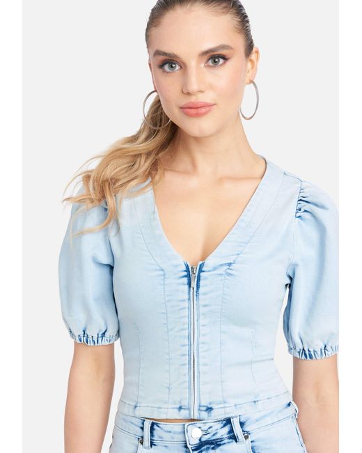 Bebe Denim Ombre Wash Puff Sleeve Jean Top Stripes Pattern In Blue White Wash Blue Lyst Bebe Denim Ombre Wash Puff Sleeve Jean Top Stripes Pattern In Blue White Wash Blue Lyst