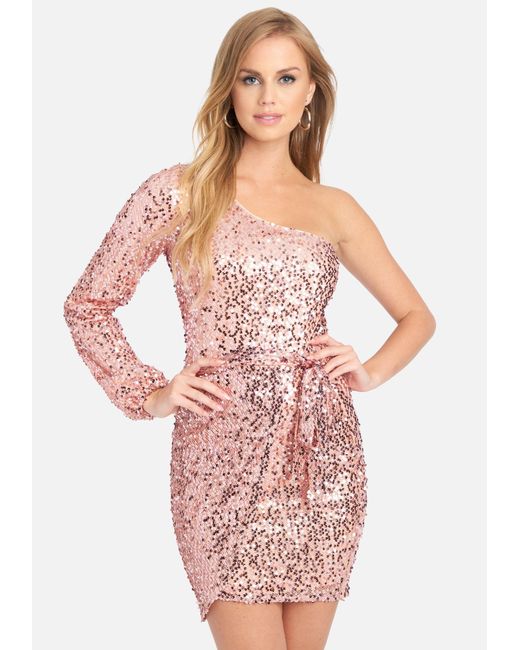 Bebe One Shoulder Sequin Wrap Dress in Rose Gold (Pink) | Lyst