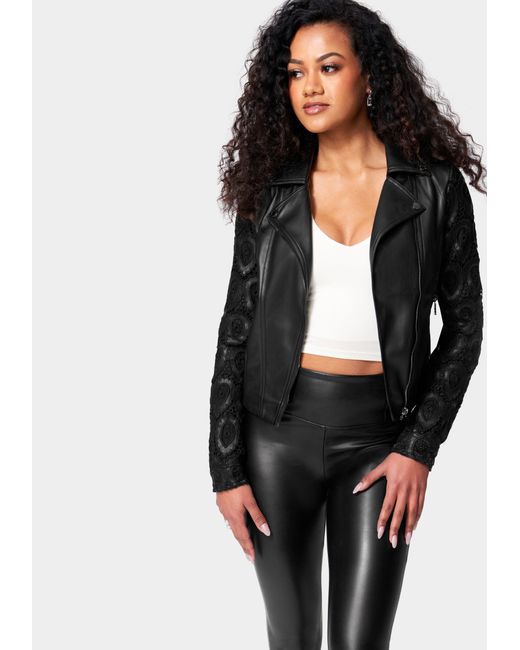 Bebe Vegan Leather Embroidered Sleeve Moto Jacket in Black Lyst
