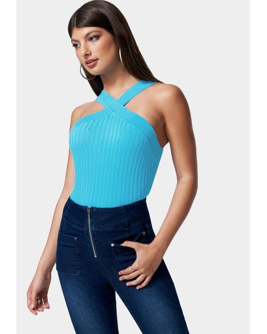 Bebe Rib Sweater Cross Front Top in 