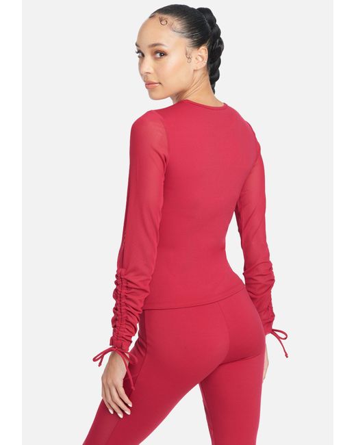 Bebe Logo Mesh Ruched Sleeve Top In Cerise Red Lyst
