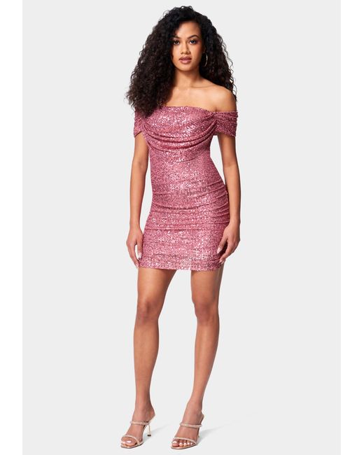 Bebe Sequin Drapey Ruched Mini Dress in Red Lyst